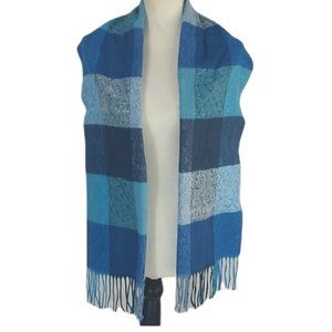 Blue Checkers Paisley Fringe Hem Soft Scarf Wrap Made in Germany D4